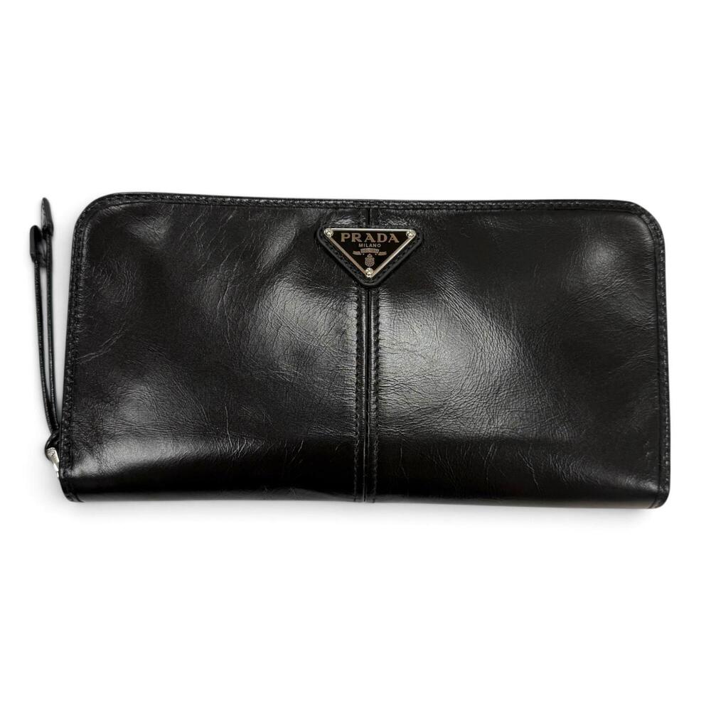 PRADA 2ML059 Soft Looks Leather Triangle Logo Round Zip Long Wallet, Black, M...